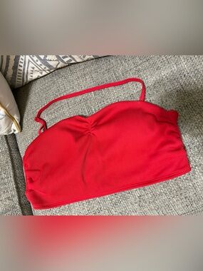 No Boundaries Red Ribbed Bandeau Bikini Top